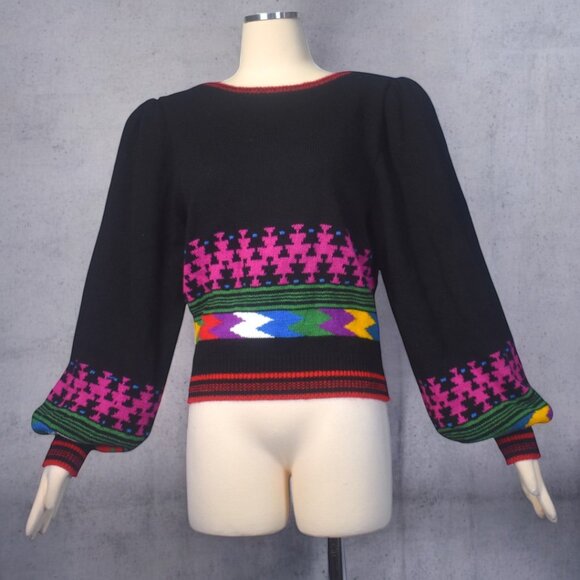 Vintage 80s Balloon Sleeve Knit Sweater Geometric Pattern S M - Picture 1 of 8
